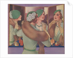 Woman in green hat at mirror by Anonymous