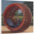 Man in futuristic round car by Anonymous