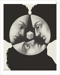 Three faces staring at cube by Anonymous