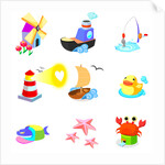 Various animals with boats on a white background by Anonymous