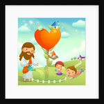 Figure of Jesus Christ watering a plant and two children playing on the grass by Anonymous