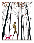 Side profile of a woman walking with her dog by Anonymous