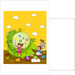 Girl holding a magnifying glass with another girl using a laptop near a giant frog by Anonymous