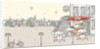 Roadside cafe with buildings in background and hot air balloon flying against sky by Anonymous