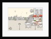 Roadside cafe with buildings in background and hot air balloon flying against sky by Anonymous