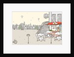 Roadside cafe with buildings in background and hot air balloon flying against sky by Anonymous