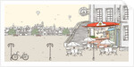 Roadside cafe with buildings in background and hot air balloon flying against sky by Anonymous
