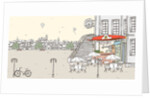 Roadside cafe with buildings in background and hot air balloon flying against sky by Anonymous