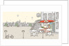 Roadside cafe with buildings in background and hot air balloon flying against sky by Anonymous