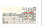 Roadside cafe with buildings in background and hot air balloon flying against sky by Anonymous