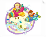 Friends traveling in propeller airplane by Anonymous