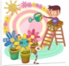 Boy sitting on ladder, watering potted plant by Anonymous