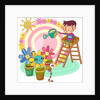 Boy sitting on ladder, watering potted plant by Anonymous