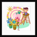 Boy sitting on ladder, watering potted plant by Anonymous