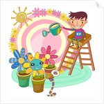 Boy sitting on ladder, watering potted plant by Anonymous