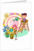Boy sitting on ladder, watering potted plant by Anonymous