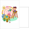 Boy sitting on ladder, watering potted plant by Anonymous