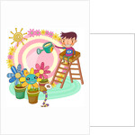 Boy sitting on ladder, watering potted plant by Anonymous