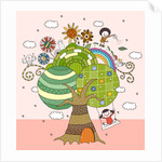 Children playing by tree by Anonymous