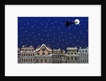 Silhouette of a Santa Claus on a sleigh flying over a city at night by Anonymous
