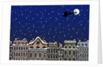 Silhouette of a Santa Claus on a sleigh flying over a city at night by Anonymous