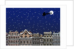 Silhouette of a Santa Claus on a sleigh flying over a city at night by Anonymous