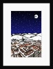 High angle view of snow covered houses in a town and silhouette of reindeers over moon in the sky at night by Anonymous