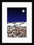High angle view of snow covered houses in a town and silhouette of reindeers over moon in the sky at night by Anonymous