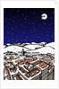 High angle view of snow covered houses in a town and silhouette of reindeers over moon in the sky at night by Anonymous