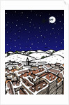 High angle view of snow covered houses in a town and silhouette of reindeers over moon in the sky at night by Anonymous