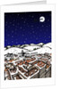 High angle view of snow covered houses in a town and silhouette of reindeers over moon in the sky at night by Anonymous