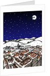 High angle view of snow covered houses in a town and silhouette of reindeers over moon in the sky at night by Anonymous