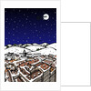 High angle view of snow covered houses in a town and silhouette of reindeers over moon in the sky at night by Anonymous