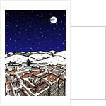 High angle view of snow covered houses in a town and silhouette of reindeers over moon in the sky at night by Anonymous