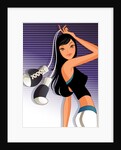 Woman holding boxing gloves against striped background by Anonymous