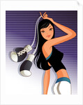 Woman holding boxing gloves against striped background by Anonymous