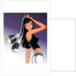 Woman holding boxing gloves against striped background by Anonymous