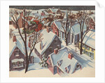 Santa Claus in sleigh flying over houses by Anonymous