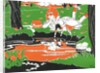 Girl with doll looking at reflection in water by Anonymous