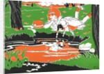 Girl with doll looking at reflection in water by Anonymous