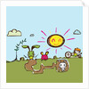 Boy riding tricycle by rabbit warren