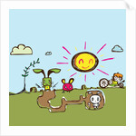 Boy riding tricycle by rabbit warren