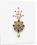 Spinel and diamond sarpesh with a natural pearl drop by Anonymous
