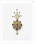 Spinel and diamond sarpesh with a natural pearl drop by Anonymous