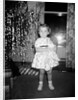 A little girl stands by the Christmas tree clutching her doll, ca. 1955 by Anonymous