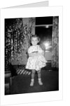A little girl stands by the Christmas tree clutching her doll, ca. 1955 by Anonymous