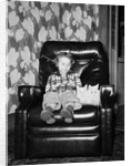 Young girl sits with her two cats in a leather chair, ca. 1960 by Anonymous