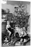 Two brothers are shown with their toys under the Christmas tree in Germany, ca. 1949 by Anonymous
