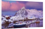 Fishing village of Hamnoy below Klokketinden peak by Anonymous
