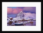 Fishing village of Hamnoy below Klokketinden peak by Anonymous